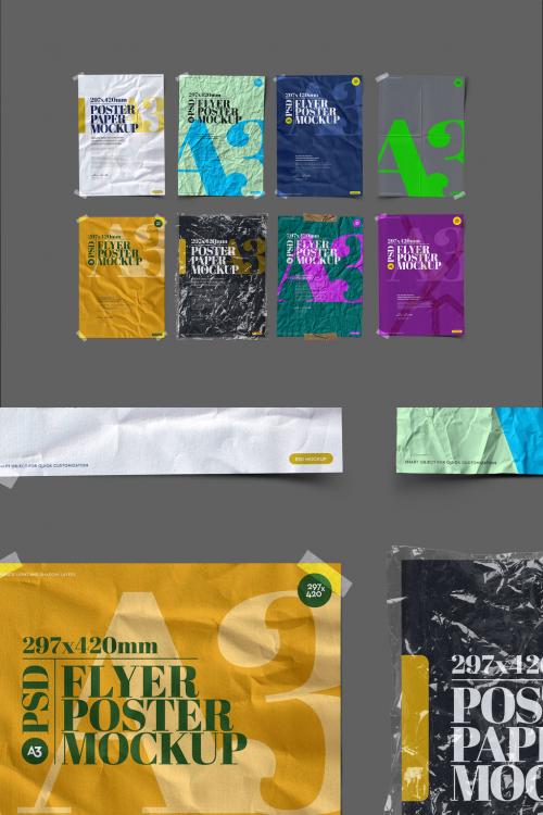 Crumpled, Torn, Folded Paper, Adhesive Tape Poster Mockup Set