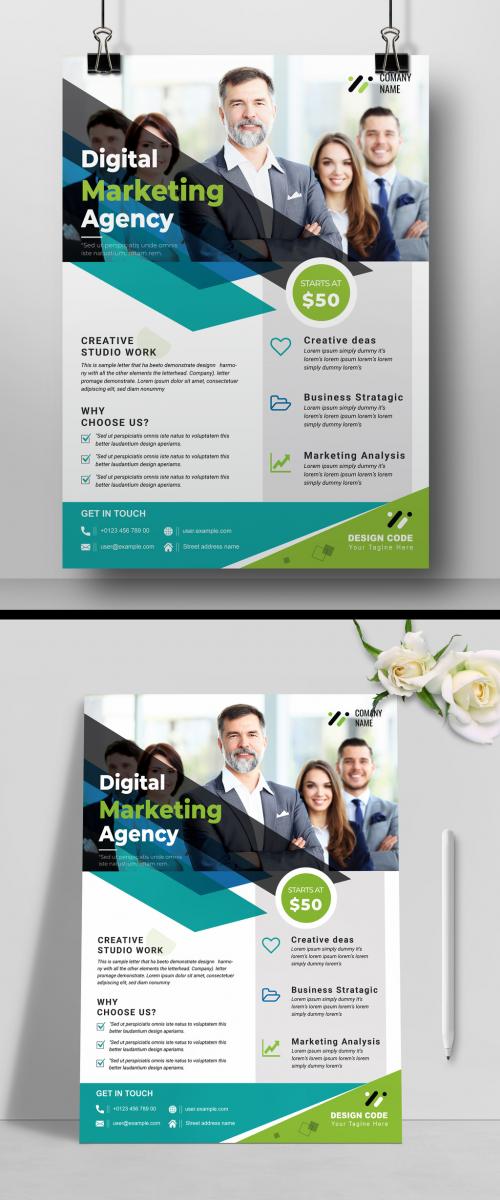 Business Flyer Layout with Blue and Green Elements