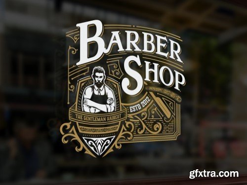 Vintage Barber Shop Logo Layout with Floral Elements