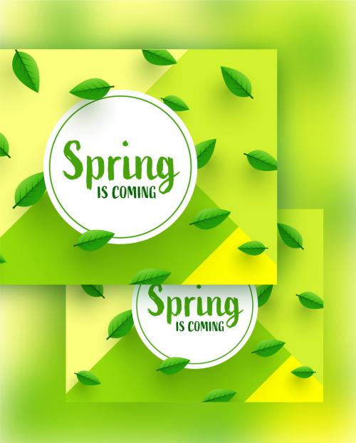 Spring Is Coming Text with Leaves Decorated on Green and Yellow Background