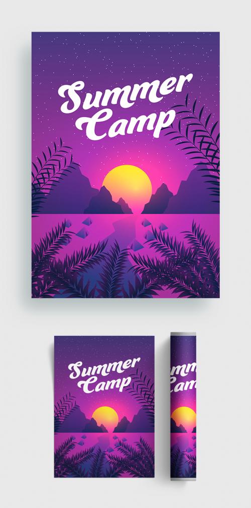 Summer Camp Flyer Layout in Purple Color with Sunrise or Sunset View