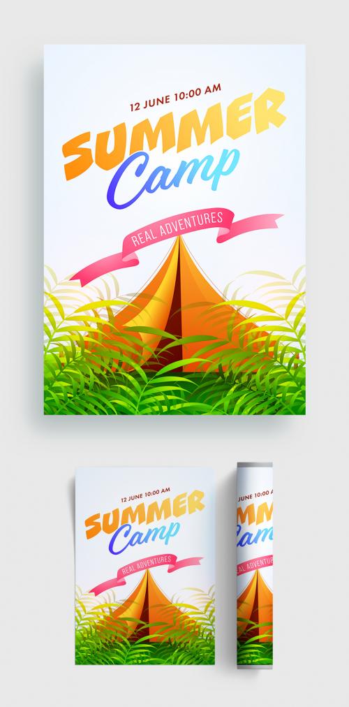Summer Camp Flyer Layout with Tent and Green Leaves