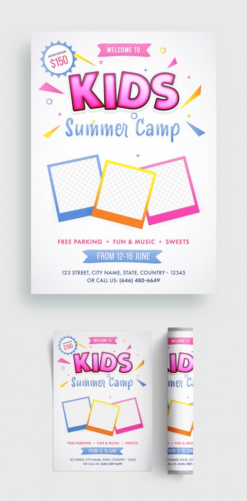 Summer Kids Camp Flyer or Template Layout with Empty Polaroids