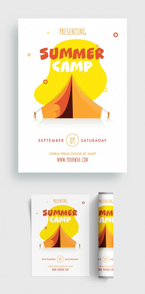 Presenting Summer Camp Flyer or Template Layout in Yellow and White Color
