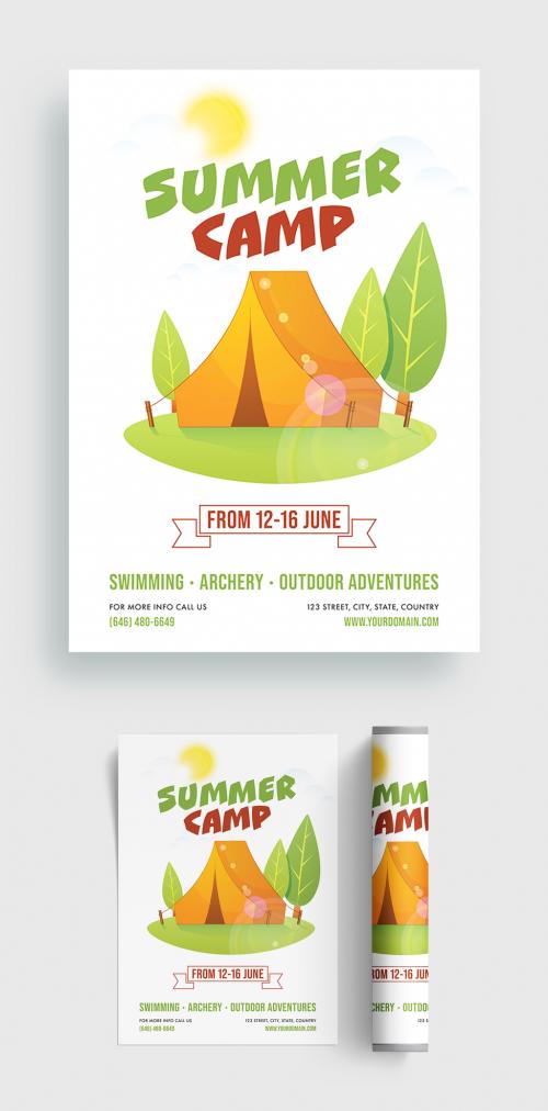 Summer Camp Flyer or Brochure Layout with Sunshine and Tent