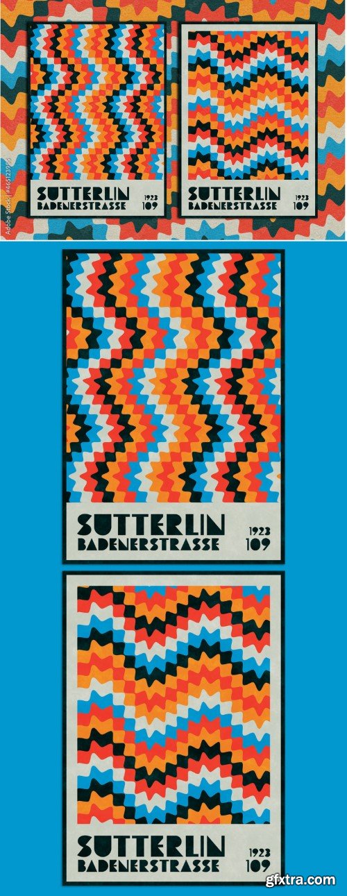 Bauhaus Modern Poster Design Layout with Zigzag Wave Lines