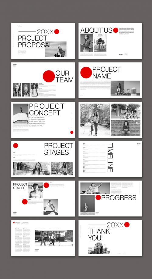 Black and White Pitch Deck Layout with Red Accent