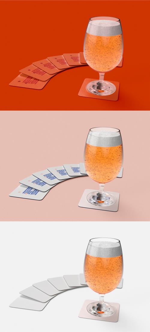 3D Beer Glass with Coasters Mockup