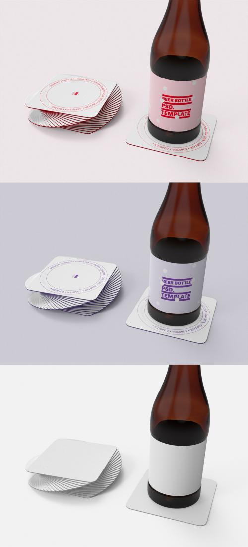 3D Beer Bottle with Square Coasters Mockup