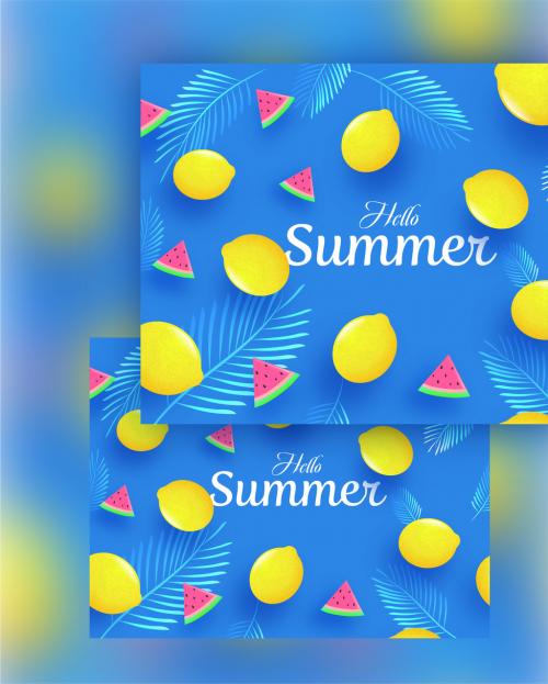 Hello Summer Font on Blue Background Decorated with Lemons Watermelon Slice and Leaves