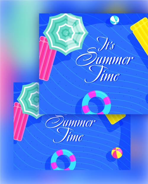 Summer Time Font on Blue Wavy Stripe Background with Realistic Beach Elements