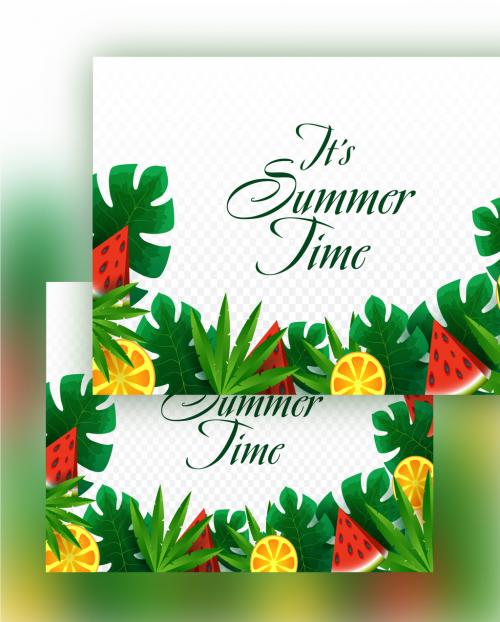 Summertime Font on White Background Decorated with Realistic Fruit Slices and Tropical Leaves