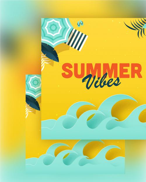 Summer Vibes Background with Top View Umbrella Sunbed and Paper Waves
