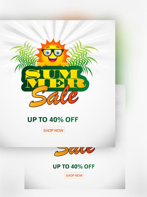 Summer Sale Discount Offer and Cartoon Sun on White Background