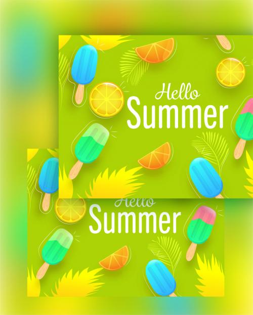 Realistic Fruit Slices with Ice Creams and Tropical Leaves Decorated on Green Background for Hello Summer