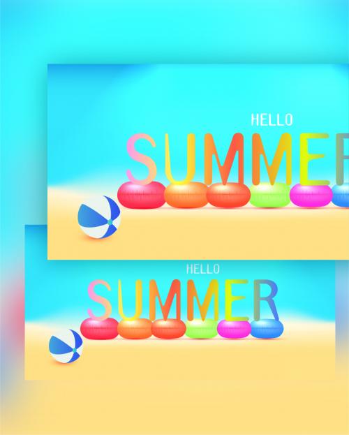 Colorful Gradient Summer Text on Realistic Swimming Rings and Beach Ball