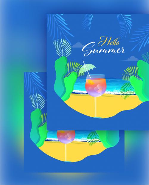 Hello Summer Concept with Cocktail Glass on Blue Beach View Background