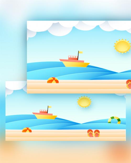 Paper Cut Beach Background with Sun Ship Ball Slipper and Swimming Ring