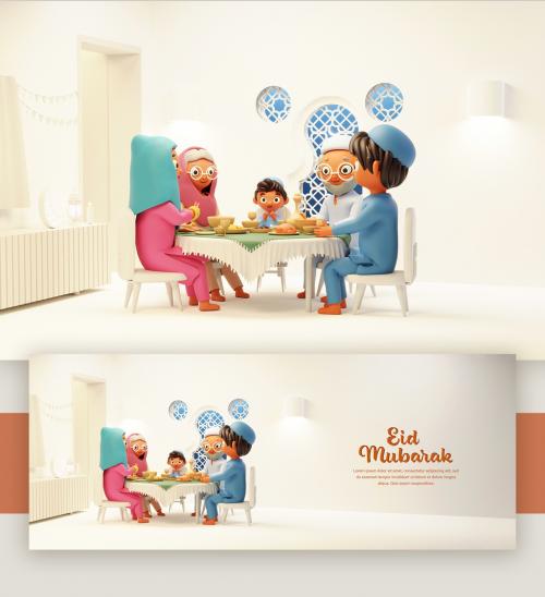 Render of a Muslim Family at Dinning Table for Iftar Eid Mubarak Concept