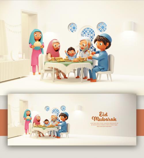 Render of a Muslim Family at Dinning Table for Iftar Eid Mubarak Concept