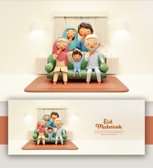 Render of a Muslim Family with Salam Gesture Eid Mubarak Concept