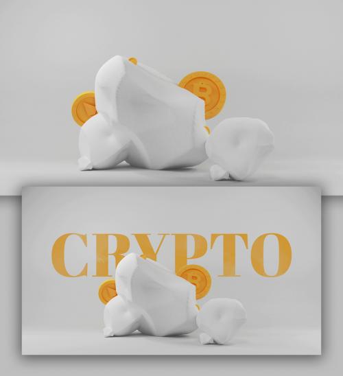 Render of a Virtual Golden Bitcoin and Ether with Abstract Stones