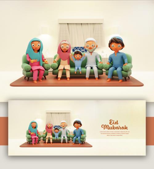 Render of a Muslim Family Gesture Eid Mubarak Concept