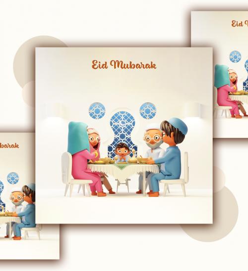 Render of a Muslim Family at Dinning Table for Iftar Eid Mubarak Concept