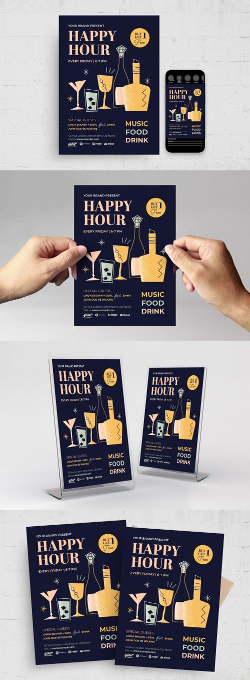 Retro Happy Hour Cocktail Bar Flyer Poster Layout