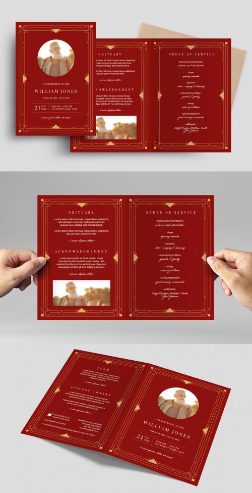 Red Gold Funeral Program Obituary Brochure Layout