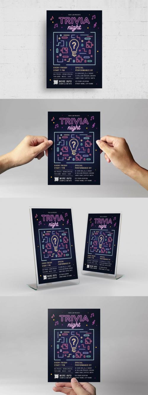 Neon Trivia Night Bar Quiz Gaming Game Event Flyer Poster Layout