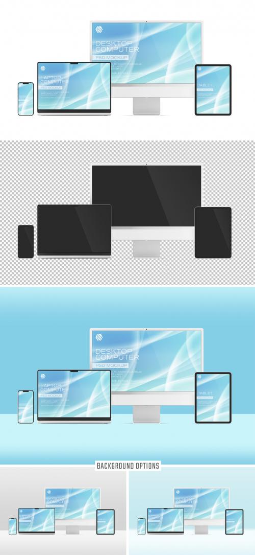 Devices Mockup with Smartphone Desktop Computer Laptop and Tablet