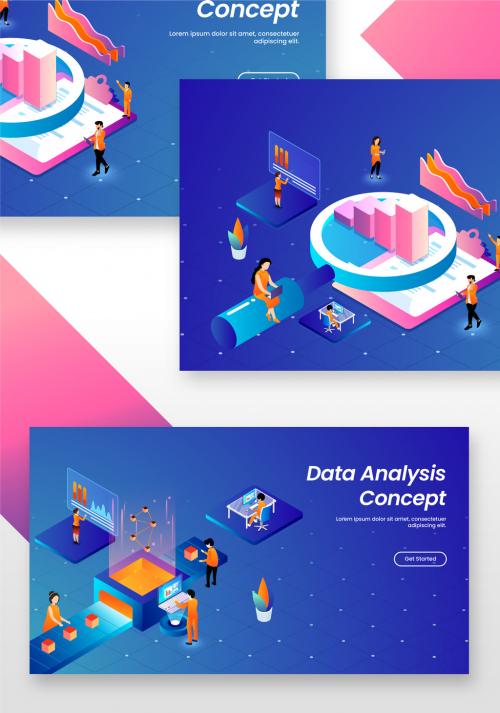 Data Analysis Concept Based Landing Page with Isometric View of Business Analysts