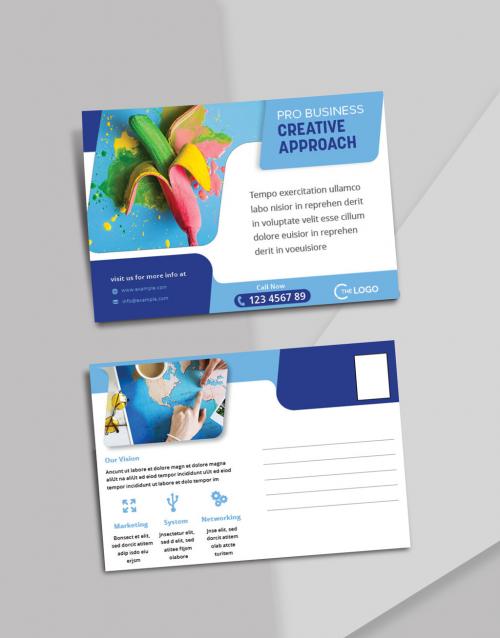 Post Card Layout with Geometric Elements and in Blue Accents