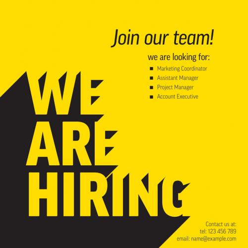 We Are Hiring Minimalistic Flyer Template - Yellow Version with Long Shadow Letters