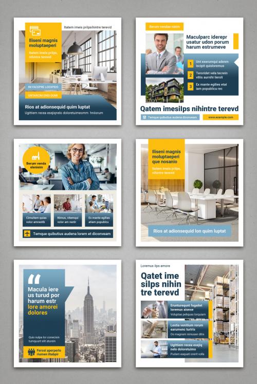 Square Social Media Post Layouts with Blue and Yellow Elements