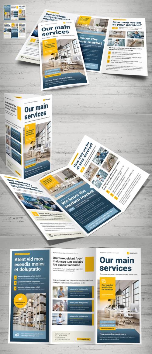 Business Tri-Fold Layout with Blue and Yellow Accents