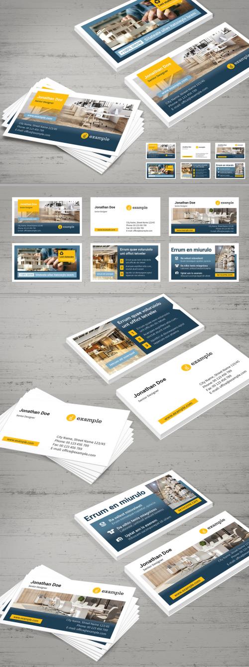 Business Card Layout with Blue and Yellow Elements