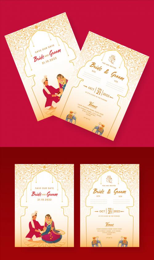 Indian Wedding Card or Invitation Card Template for Hindu Customs Wedding with Bride and Groom Character Illustrations