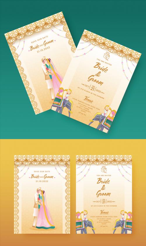 Indian Wedding Card or Invitation Card Template for Hindu Customs Wedding with Bride and Groom Character Illustrations