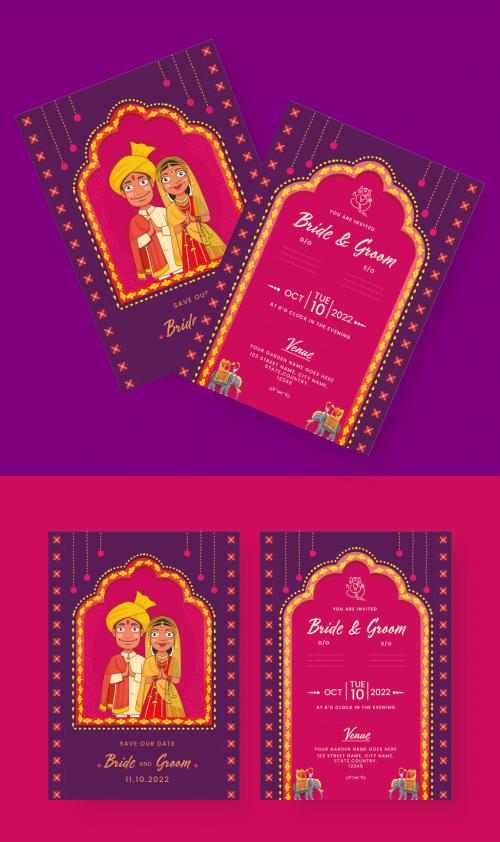 Indian Wedding Card or Invitation Card Template for Hindu Customs Wedding with Bride and Groom Character Illustrations