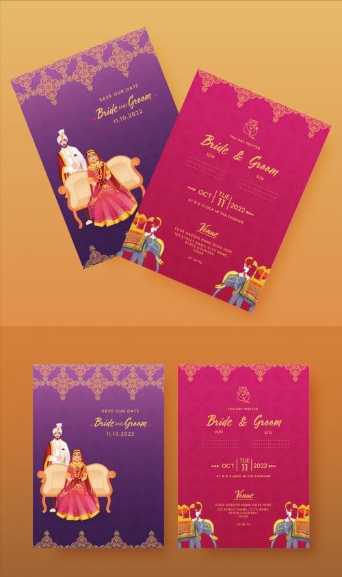 Indian Wedding Card or Invitation Card Template for Hindu Customs Wedding with Bride and Groom Character Illustrations