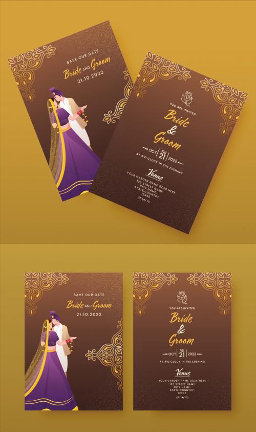 Indian Wedding Card or Invitation Card Template for Hindu Customs Wedding with Bride and Groom Character Illustrations