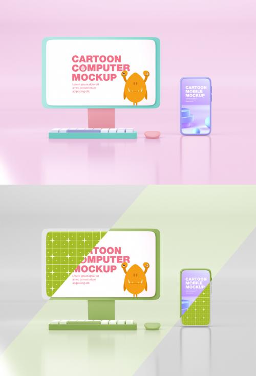 Computer and Mobile 3D Soft Pop Concept Mockup