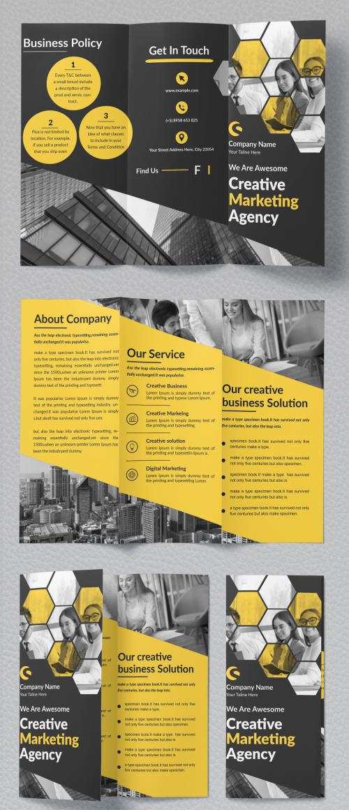 Trifold Yellow Brochure Layout with Hexagon Geometric Photo Masks