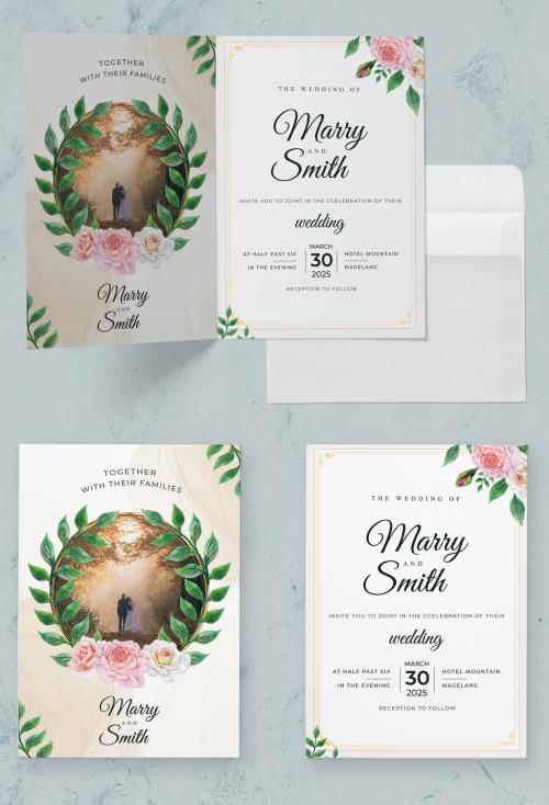 Wedding Invitation Set with Pink and Green Stylized Flowers