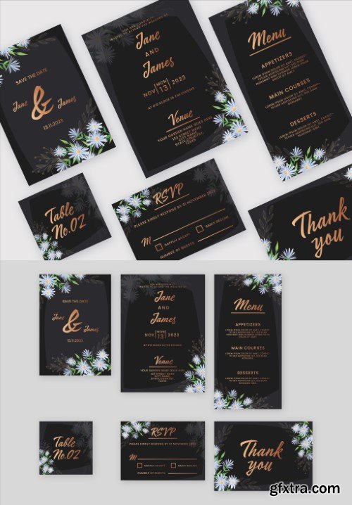 Golden and Grey Floral Designed Wedding Stationery Set