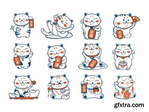 Japanese Asian Lucky Cat Maneki Neko Cute Illustrations Clipart Stickers