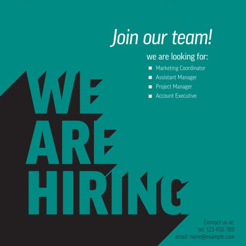 We Are Hiring Minimalistic Flyer Template Teal Version with Long Shadow Letters