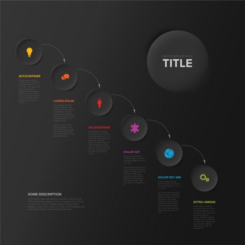 Simple Dark Six Diagonal Circle Steps with Arrows Infographic Template